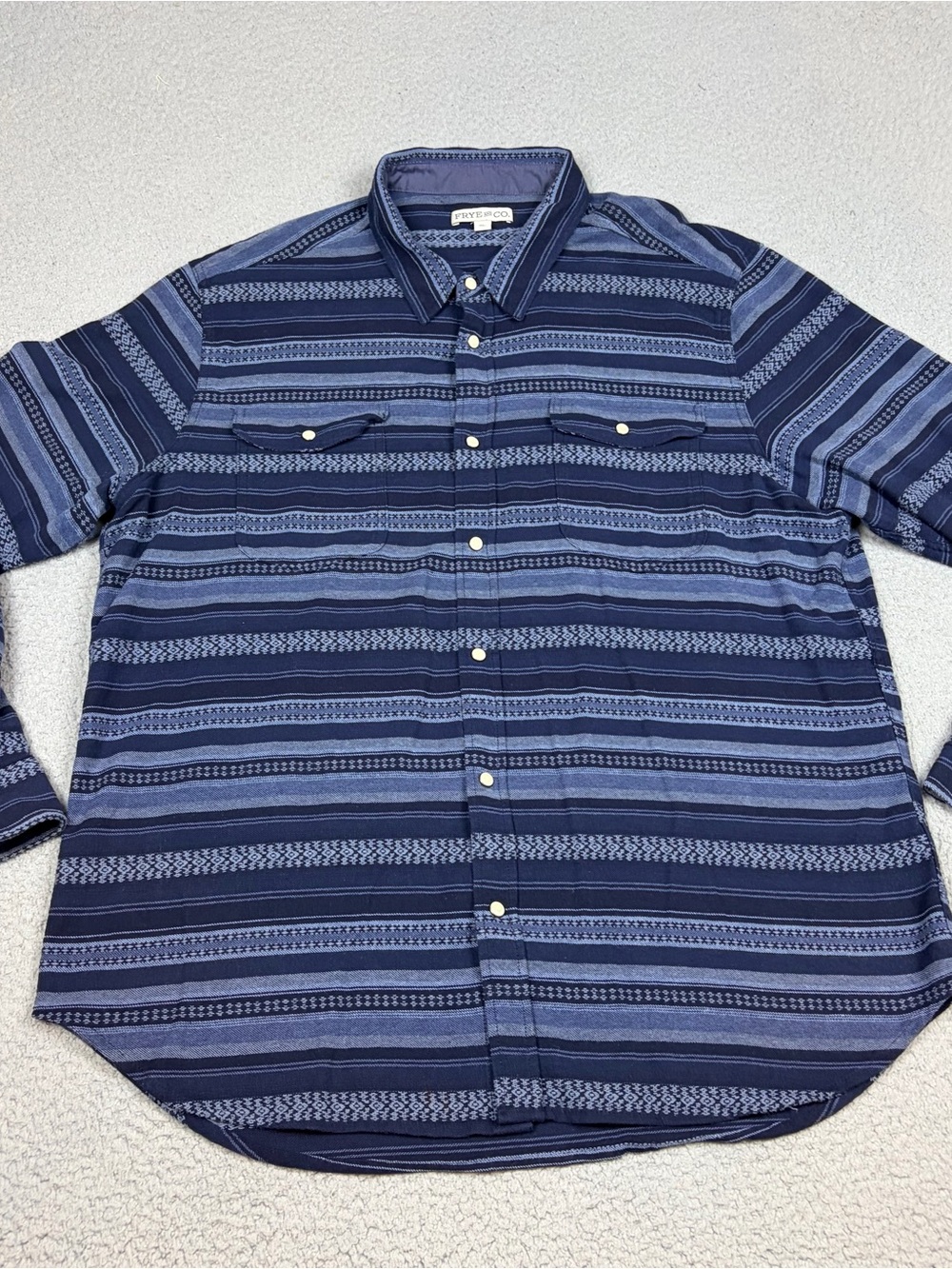 FRYE AND CO. Western Shirt Pearl Snap Navy and Light Blue Striped Button-Up